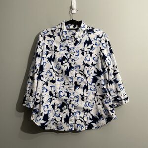 New York Company XL Blue White Floral Print Long Sleeve Button-Up Shirt Resort